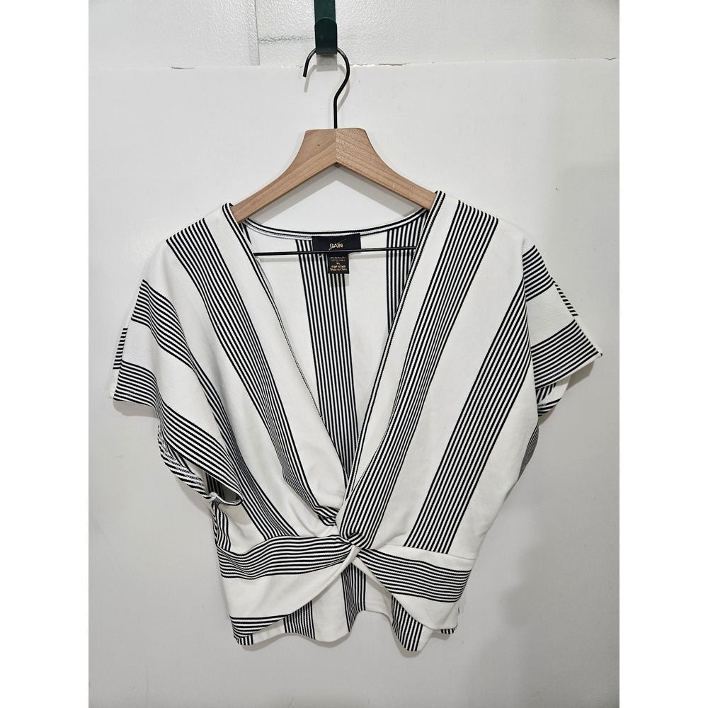 Rain Black White Striped Twist Front V-Neck Crop Top Blouse XL